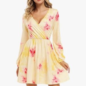Leadingstar Yellow Tie-Dyed Long Sleeve Surplice Neckline Dress Size Large